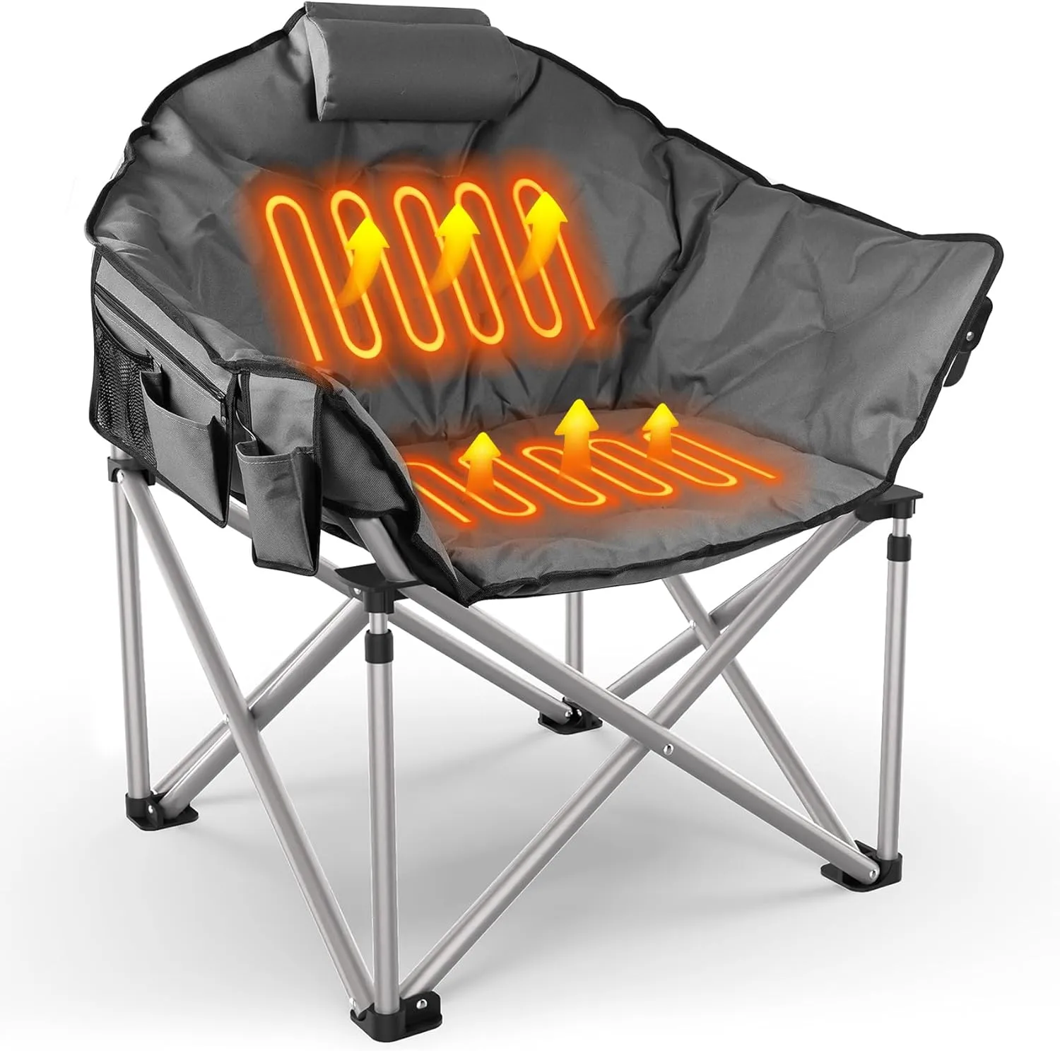 Slendor Heated Camping Chair with Oversized Padded Design, 3 Adjustable Heating Levels, Portable Folding Outdoor Chair with Pillow & Storage Bag, Ideal for Camping, Patio, and Sports, Gray