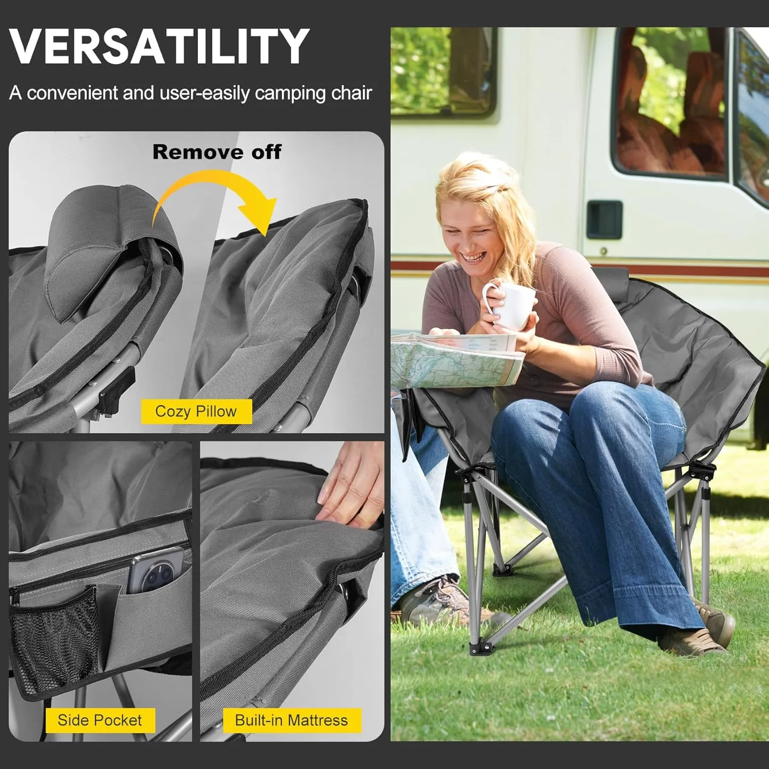 Slendor Heated Camping Chair with Oversized Padded Design, 3 Adjustable Heating Levels, Portable Folding Outdoor Chair with Pillow & Storage Bag, Ideal for Camping, Patio, and Sports, Gray