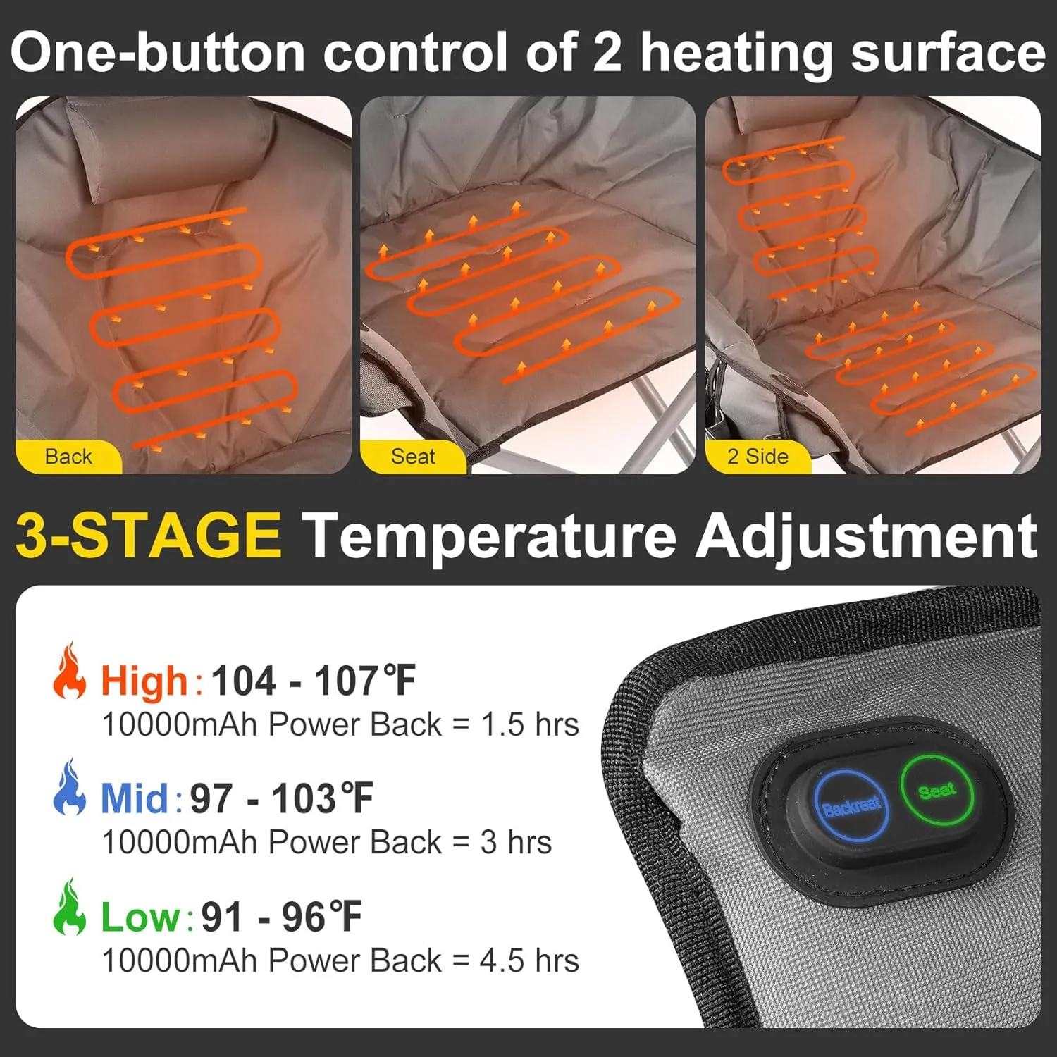 Slendor Heated Camping Chair with Oversized Padded Design, 3 Adjustable Heating Levels, Portable Folding Outdoor Chair with Pillow & Storage Bag, Ideal for Camping, Patio, and Sports, Gray