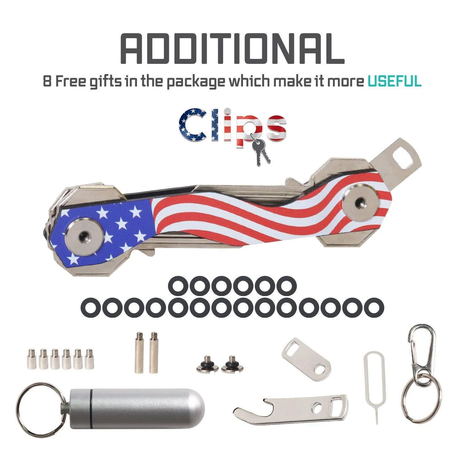Smart Compact Key Holder Keychain - Made of Carbon Fiber & Stainless Steel- Pocket Organizer Up to 18 Keys- Lightweight, Strong-Key Gadget Includes Sim & Bottle Opener, Carabiner & More (USA Flag)