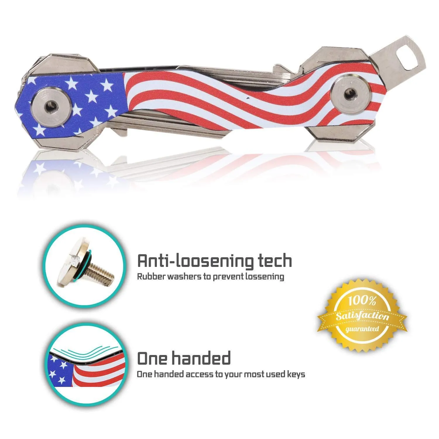 Smart Compact Key Holder Keychain - Made of Carbon Fiber & Stainless Steel- Pocket Organizer Up to 18 Keys- Lightweight, Strong-Key Gadget Includes Sim & Bottle Opener, Carabiner & More (USA Flag)