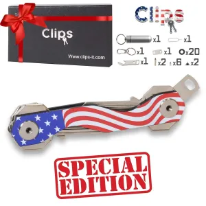 Smart Compact Key Holder Keychain - Made of Carbon Fiber & Stainless Steel- Pocket Organizer Up to 18 Keys- Lightweight, Strong-Key Gadget Includes Sim & Bottle Opener, Carabiner & More (USA Flag)