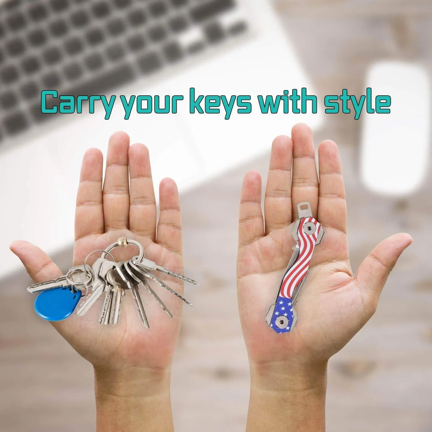 Smart Compact Key Holder Keychain - Made of Carbon Fiber & Stainless Steel- Pocket Organizer Up to 18 Keys- Lightweight, Strong-Key Gadget Includes Sim & Bottle Opener, Carabiner & More (USA Flag)