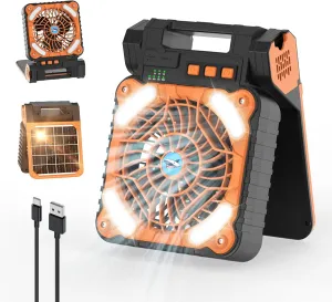 Smiling Shark Camping Fan With LED Lantern, 4 Speeds Powerful Wind Portable 6000 mAh Solar Rechargeable 90° Foldable Camp Fan With Power Bank & 3 Timer Cordless Tent Fan For Camping Fishing Hiking