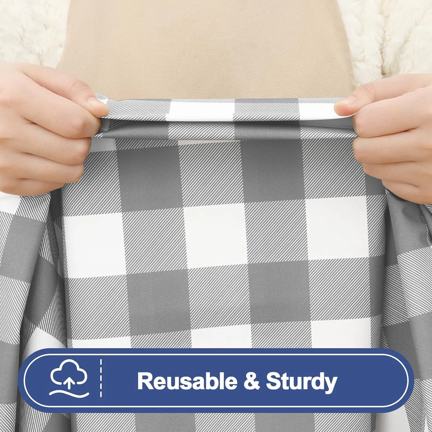 Smiry Picnic Table Cloth 2 Pack, Waterproof Elastic Fitted Tablecloths for 6FT Rectangle Tables, Washable Polyester Buffalo Plaid Tablecloth for Camping, Dining & Outdoor (Grey & White, 30" x 72")