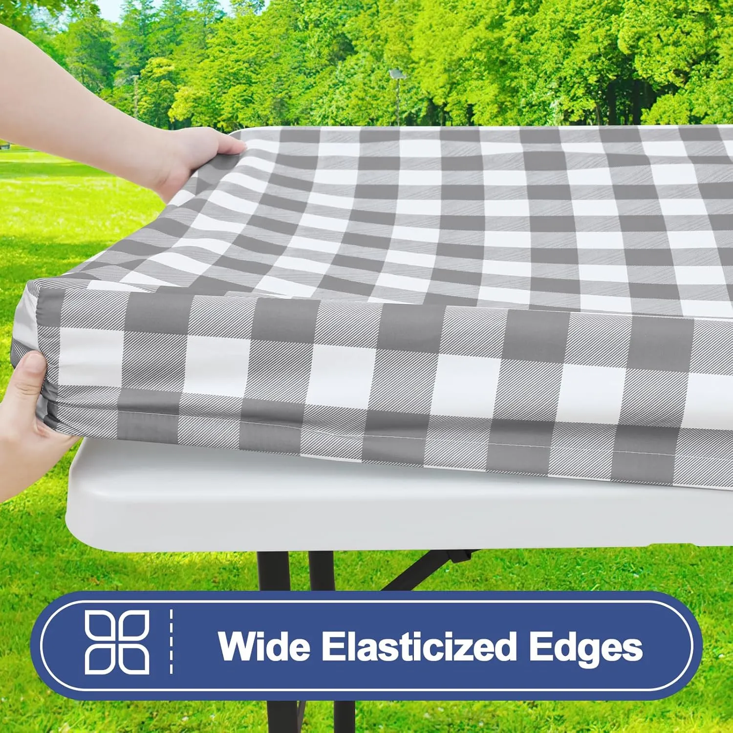Smiry Picnic Table Cloth 2 Pack, Waterproof Elastic Fitted Tablecloths for 6FT Rectangle Tables, Washable Polyester Buffalo Plaid Tablecloth for Camping, Dining & Outdoor (Grey & White, 30" x 72")