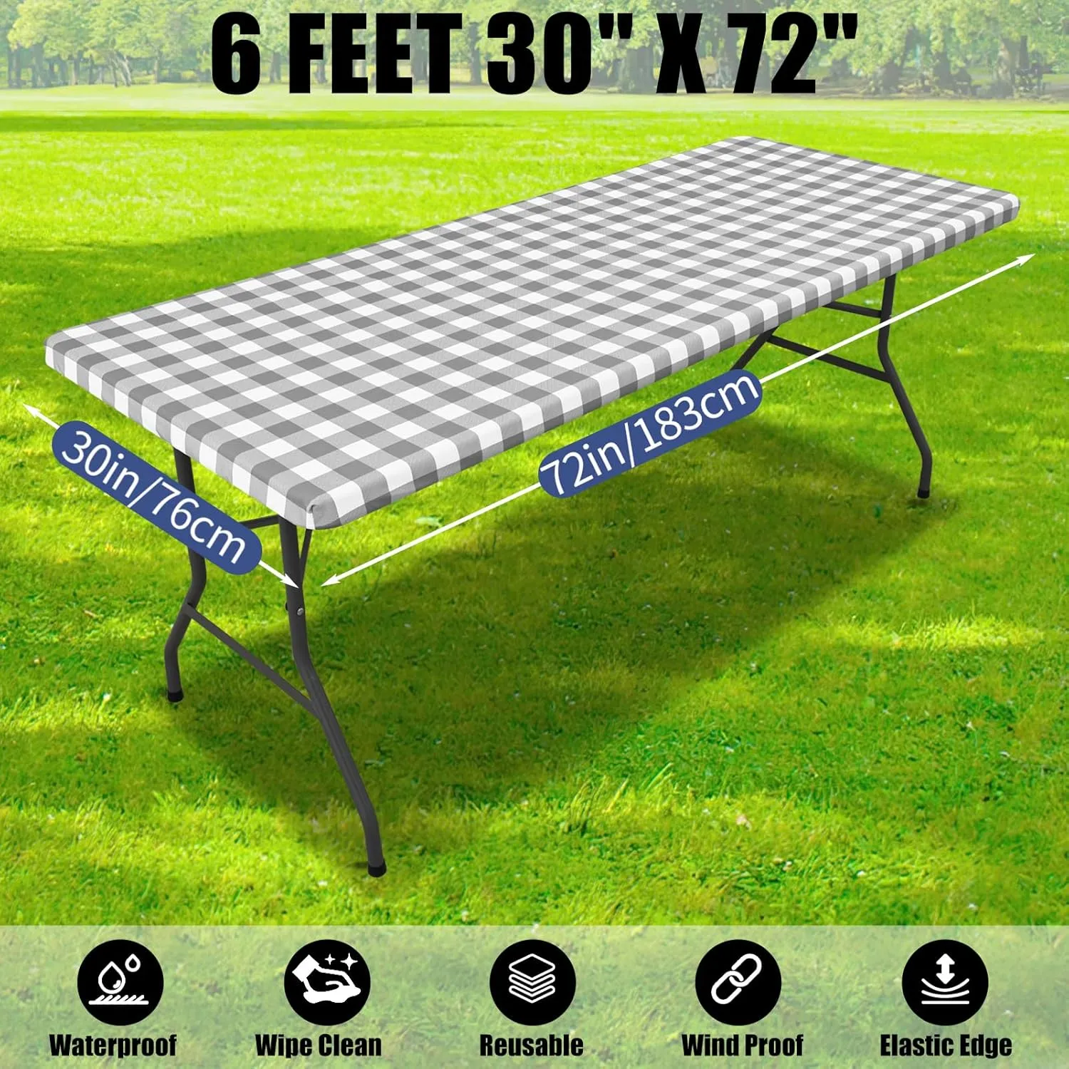 Smiry Picnic Table Cloth 2 Pack, Waterproof Elastic Fitted Tablecloths for 6FT Rectangle Tables, Washable Polyester Buffalo Plaid Tablecloth for Camping, Dining & Outdoor (Grey & White, 30" x 72")