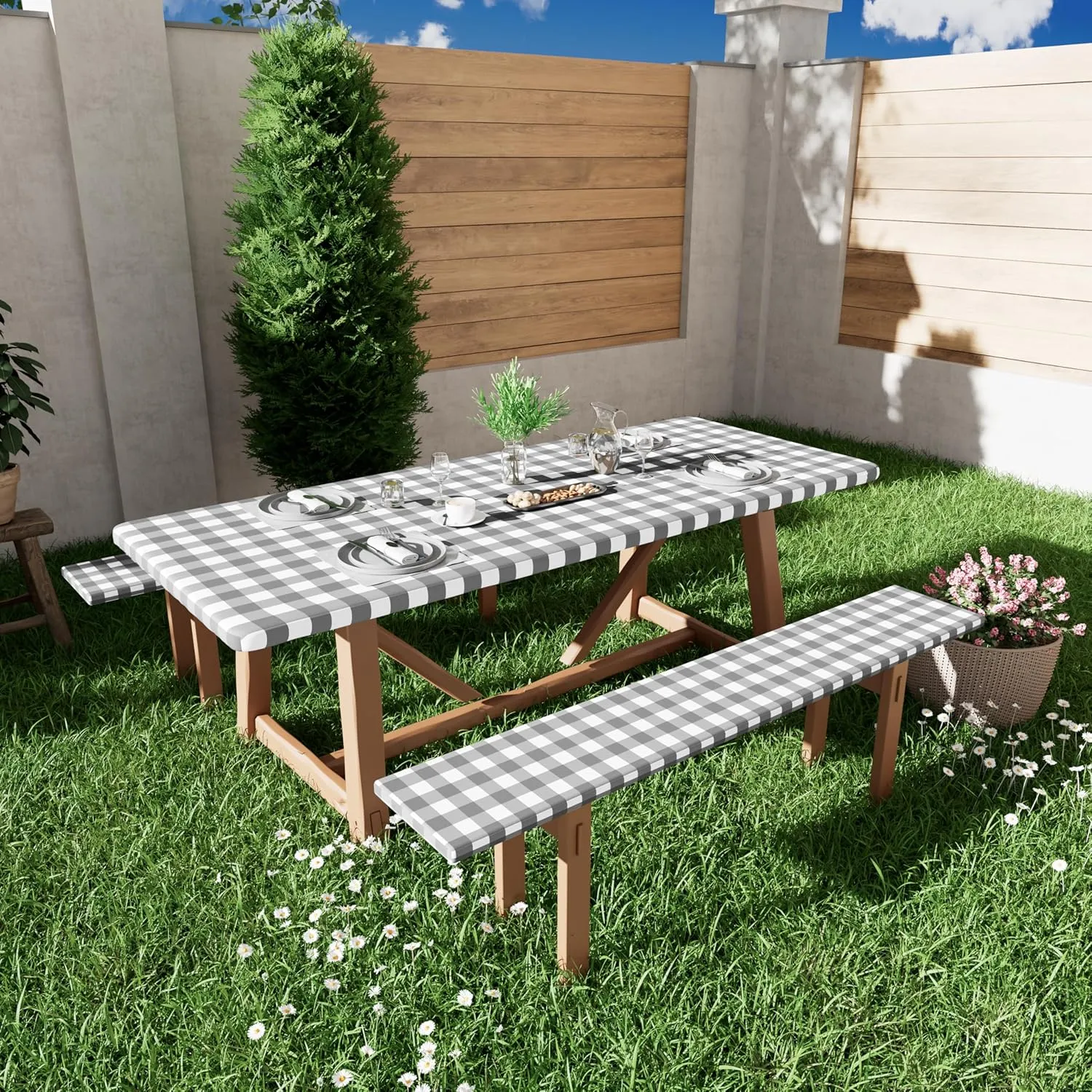 Smiry Picnic Table Cloth 2 Pack, Waterproof Elastic Fitted Tablecloths for 6FT Rectangle Tables, Washable Polyester Buffalo Plaid Tablecloth for Camping, Dining & Outdoor (Grey & White, 30" x 72")