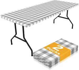 Smiry Picnic Table Cloth 2 Pack, Waterproof Elastic Fitted Tablecloths for 6FT Rectangle Tables, Washable Polyester Buffalo Plaid Tablecloth for Camping, Dining & Outdoor (Grey & White, 30" x 72")