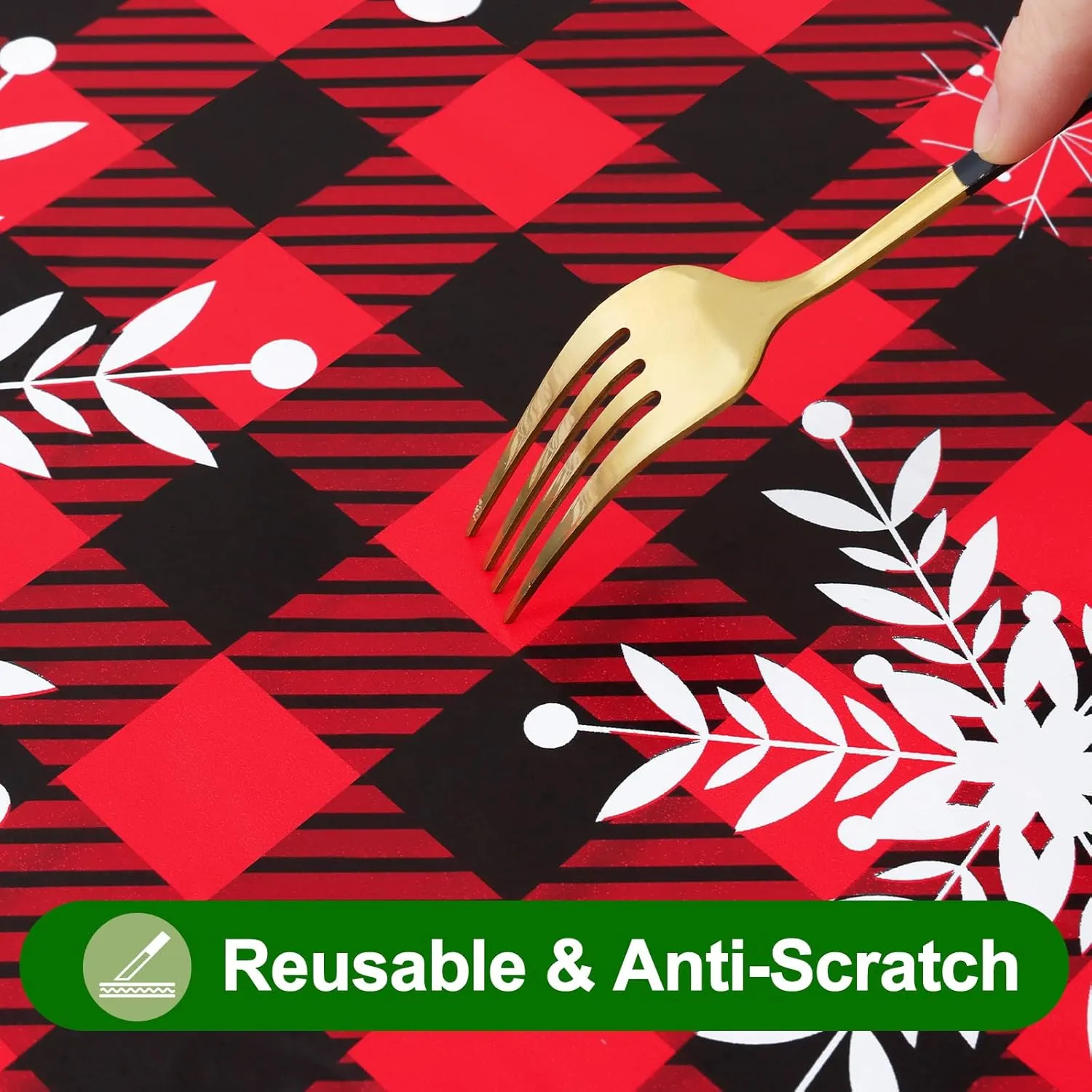 Smiry Plastic Christmas Tablecloth, Buffalo Plaid Waterproof Elastic Fitted Table Covers, Wipeable Flannel Backed Vinyl Tablecloths for Dinner, and New Year Celebration (Black & Red, 30x48 Inches)