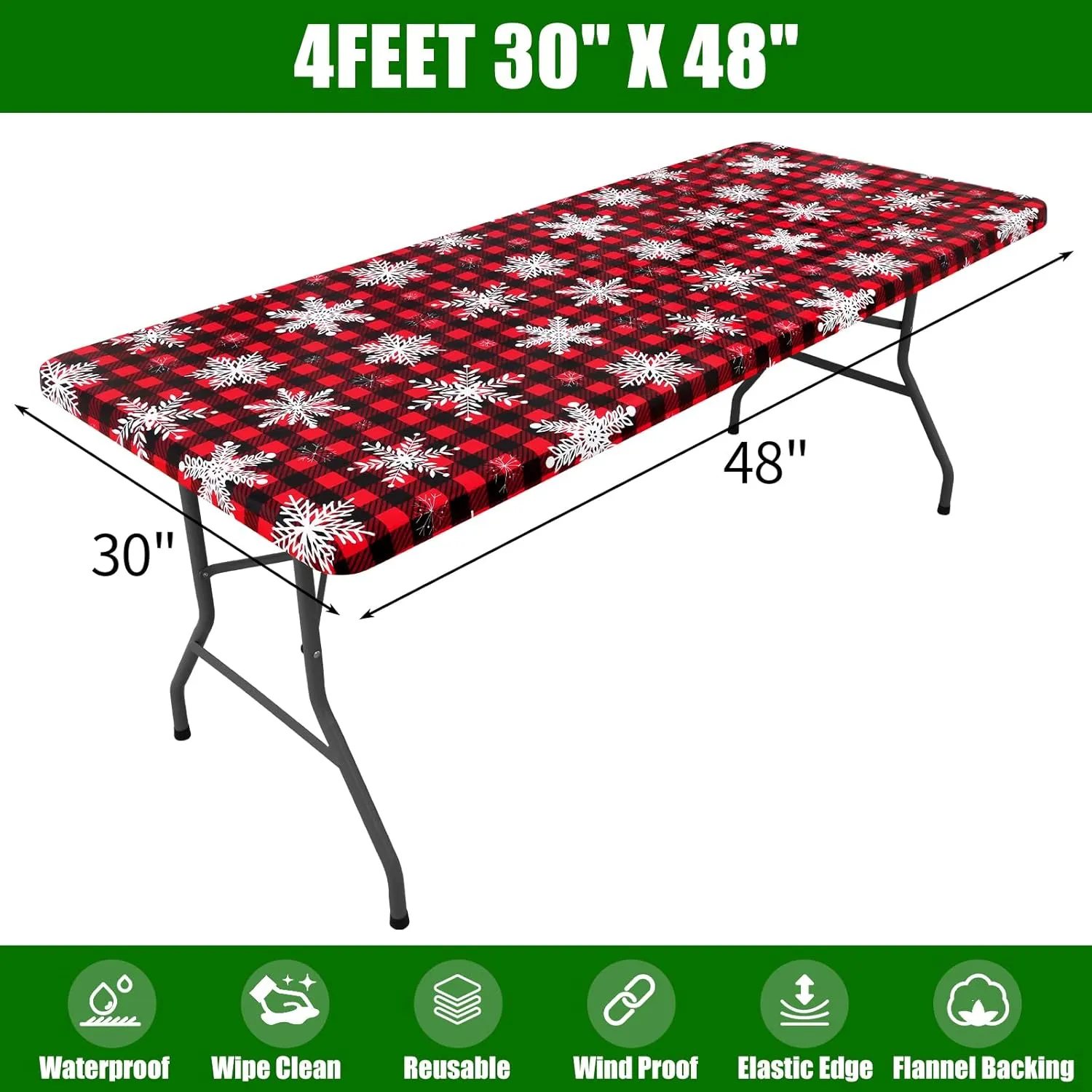 Smiry Plastic Christmas Tablecloth, Buffalo Plaid Waterproof Elastic Fitted Table Covers, Wipeable Flannel Backed Vinyl Tablecloths for Dinner, and New Year Celebration (Black & Red, 30x48 Inches)