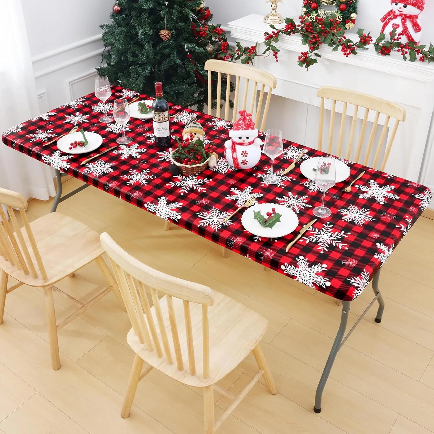 Smiry Plastic Christmas Tablecloth, Buffalo Plaid Waterproof Elastic Fitted Table Covers, Wipeable Flannel Backed Vinyl Tablecloths for Dinner, and New Year Celebration (Black & Red, 30x48 Inches)