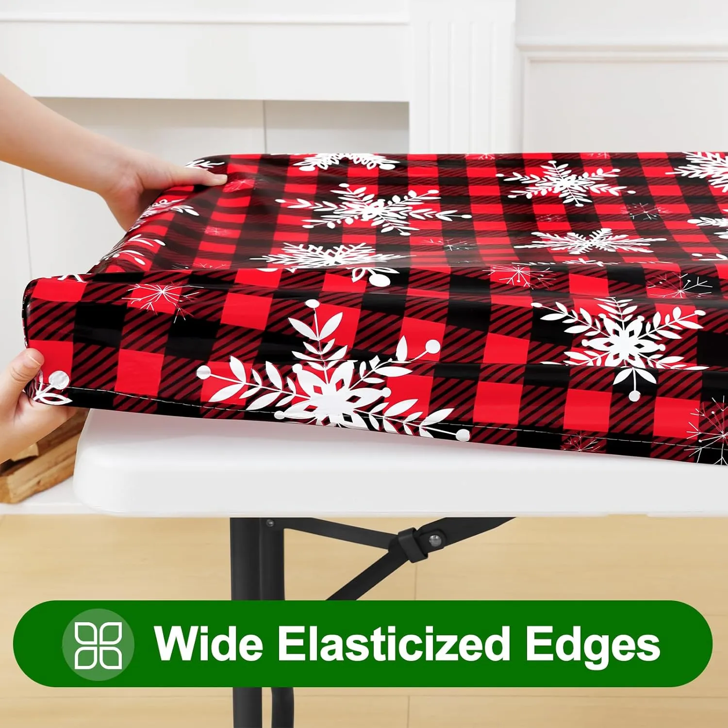 Smiry Plastic Christmas Tablecloth, Buffalo Plaid Waterproof Elastic Fitted Table Covers, Wipeable Flannel Backed Vinyl Tablecloths for Dinner, and New Year Celebration (Black & Red, 30x48 Inches)