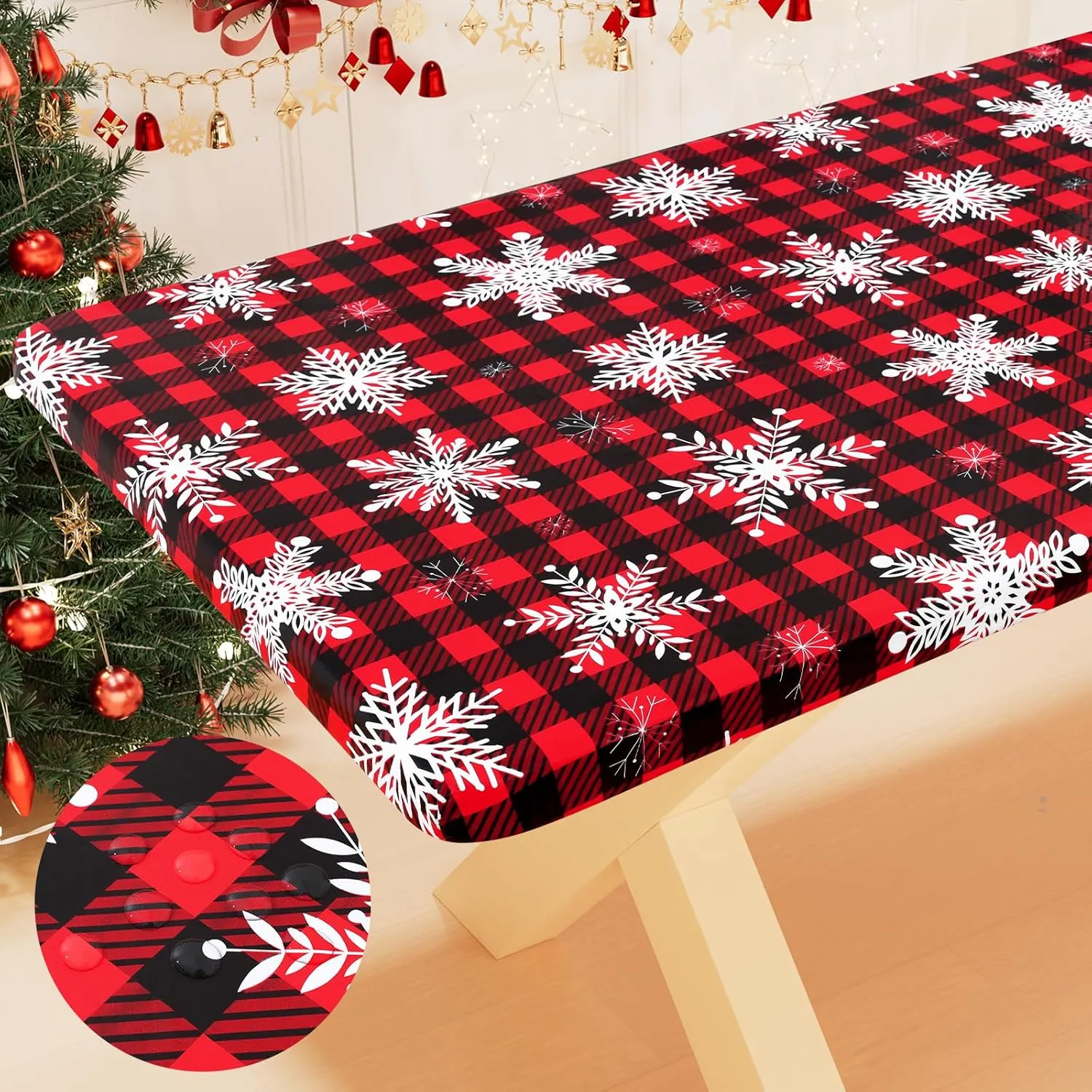 Smiry Plastic Christmas Tablecloth, Buffalo Plaid Waterproof Elastic Fitted Table Covers, Wipeable Flannel Backed Vinyl Tablecloths for Dinner, and New Year Celebration (Black & Red, 30x48 Inches)