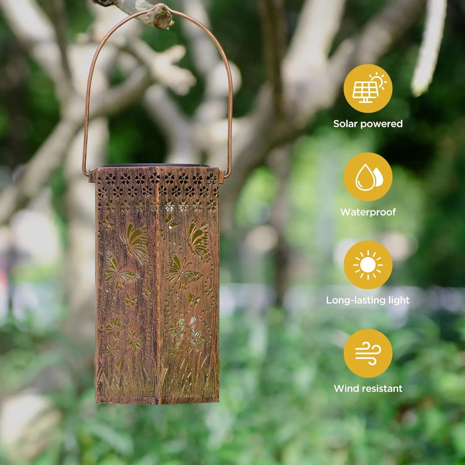 Solar Butterfly Lanterns Outdoor Hanging Lights, Fathers Day Gifts for Dad Mom Men Women, Hollowed-Out Metal Decor Lantern, Waterproof LED Decorative Garden Light for Patio, Yard, Pathway