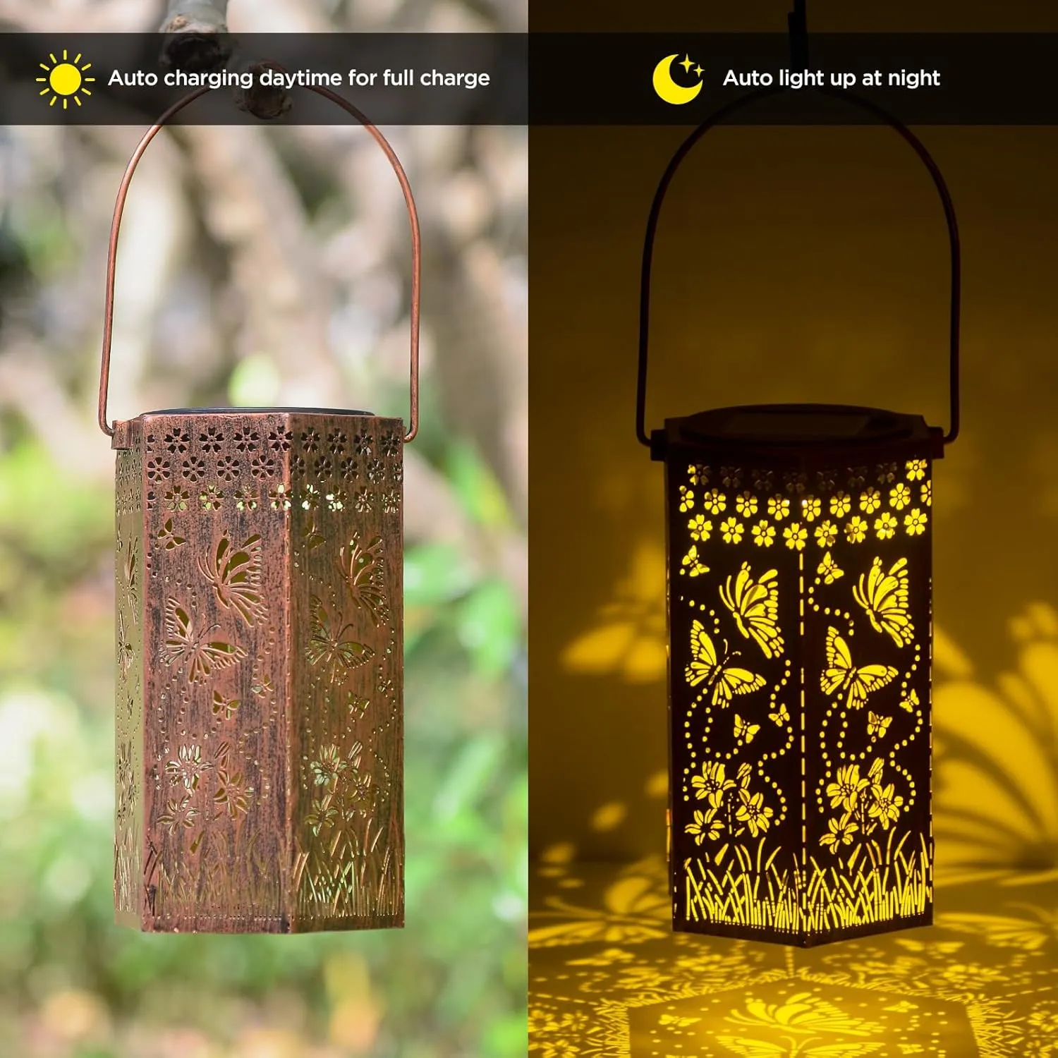 Solar Butterfly Lanterns Outdoor Hanging Lights, Fathers Day Gifts for Dad Mom Men Women, Hollowed-Out Metal Decor Lantern, Waterproof LED Decorative Garden Light for Patio, Yard, Pathway