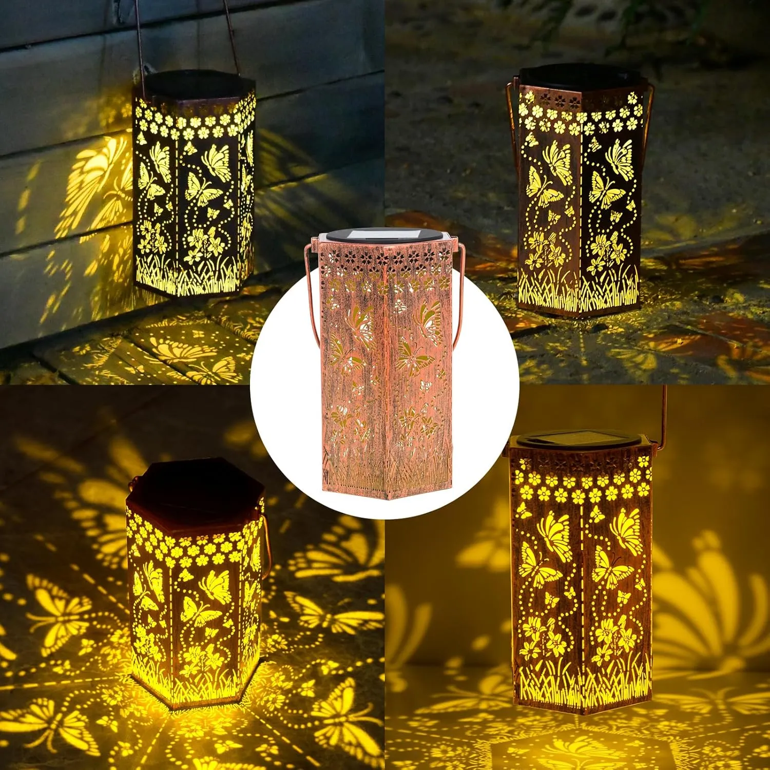 Solar Butterfly Lanterns Outdoor Hanging Lights, Fathers Day Gifts for Dad Mom Men Women, Hollowed-Out Metal Decor Lantern, Waterproof LED Decorative Garden Light for Patio, Yard, Pathway