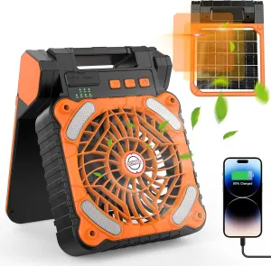 Solar Camping Fan with 10400mAh Built-in Rechargeable Battery,Dual-Power Outdoor Fan,Portable Fan with Timer,Phone Charging,LED Lantern,for Camping,Fishing,Power Outage,Hurricane,Travel