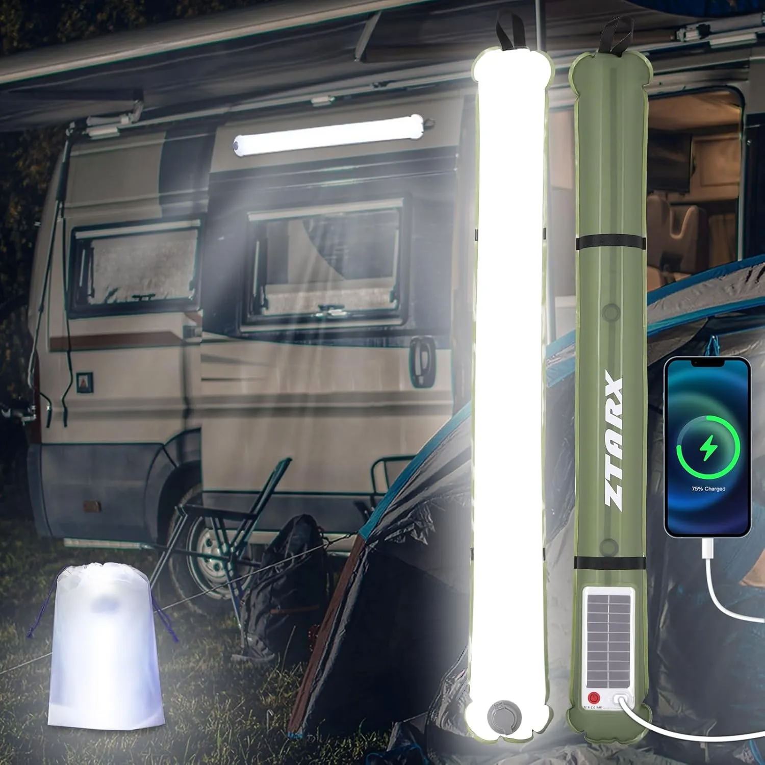 Solar Camping Lights Bars 33.5IN/85CM Tent Lights Rechargeable 4000mAh Foldable Inflatable for Outdoor IP66 Waterproof LED Tube Light for Camping, Hiking, Travel and More