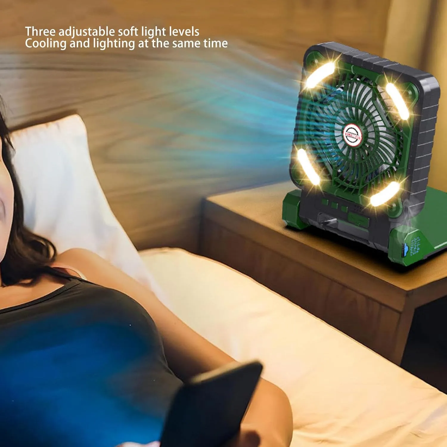 Solar Fan, Portable Camping Fan Rechargeable Battery Operated Tent Camp Fan with Solar Panel Led Lantern for Outdoor Picnic Hurricane Fishing Worksite (OD Green)
