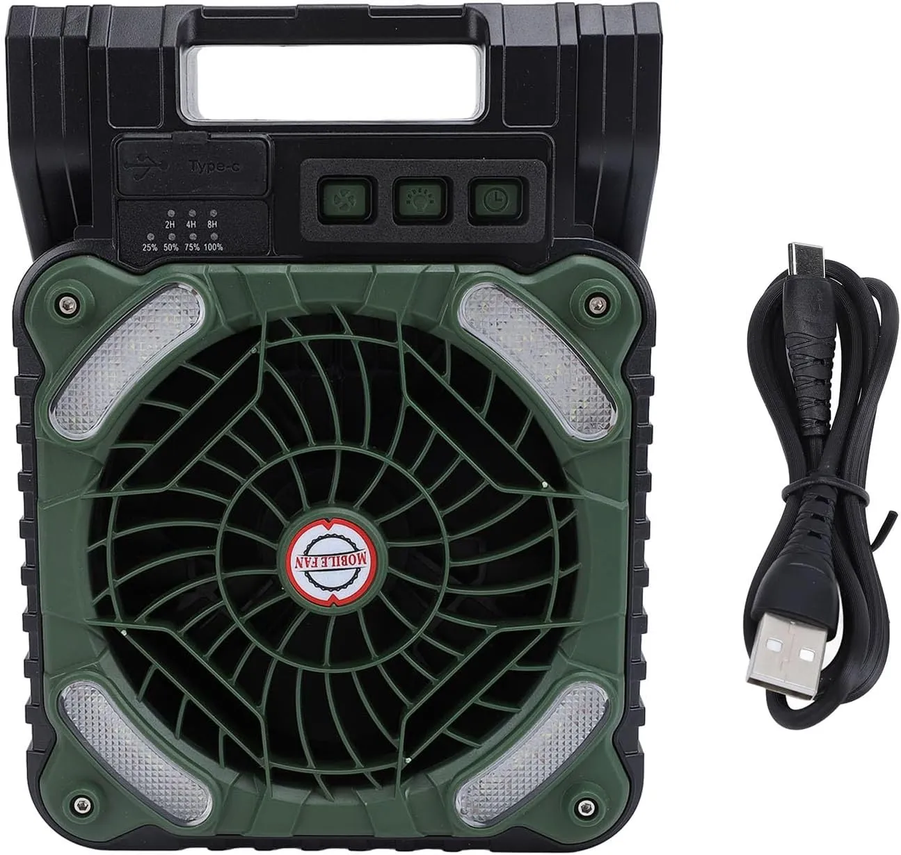 Solar Fan, Portable Camping Fan Rechargeable Battery Operated Tent Camp Fan with Solar Panel Led Lantern for Outdoor Picnic Hurricane Fishing Worksite (OD Green)