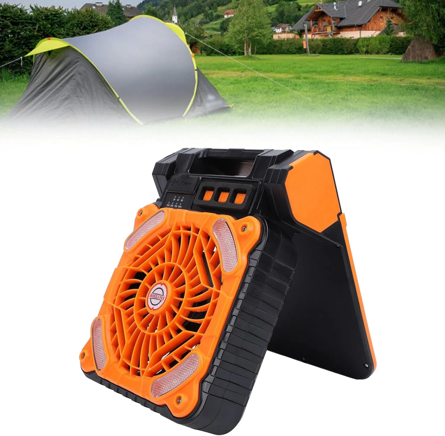 Solar Fan, Portable Camping Fan Rechargeable Battery Operated Tent Camp Fan with Solar Panel Led Lantern for Outdoor Picnic Hurricane Fishing Worksite (Orange)
