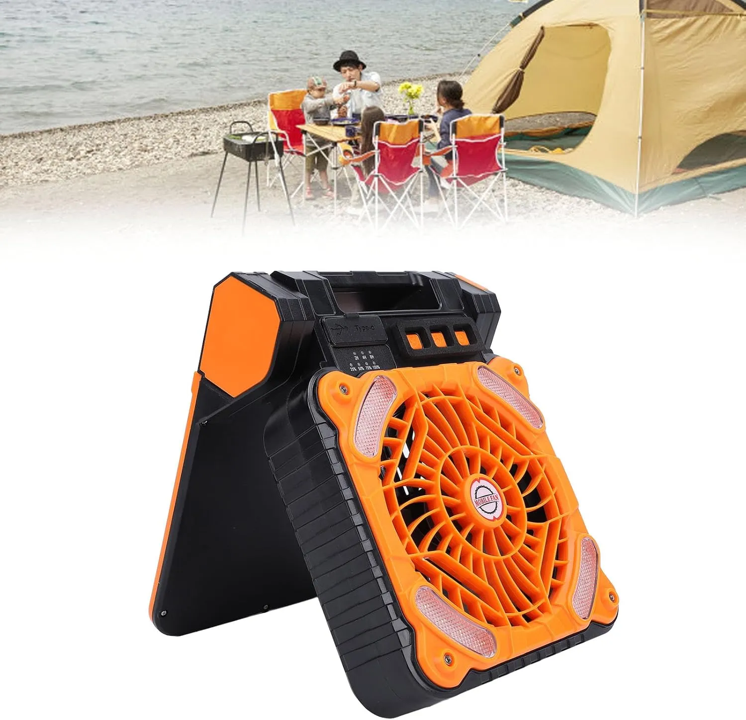 Solar Fan, Portable Camping Fan Rechargeable Battery Operated Tent Camp Fan with Solar Panel Led Lantern for Outdoor Picnic Hurricane Fishing Worksite (Orange)