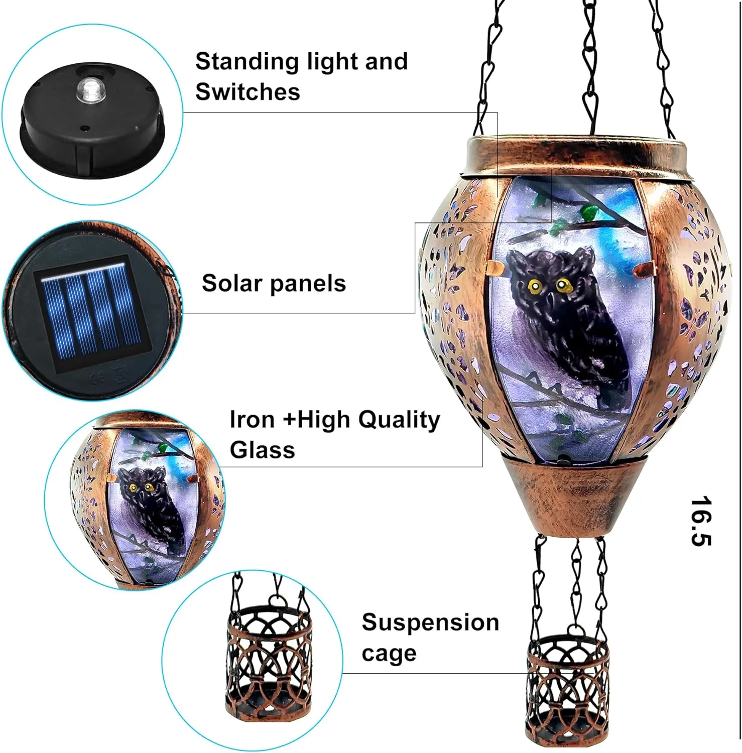 Solar Hot Air Balloon Lantern Warm White Light, Solar Hot Air Balloon Waterproof Lantern, Suitable for Garden Farmhouse Decoration (Twilight Owl)