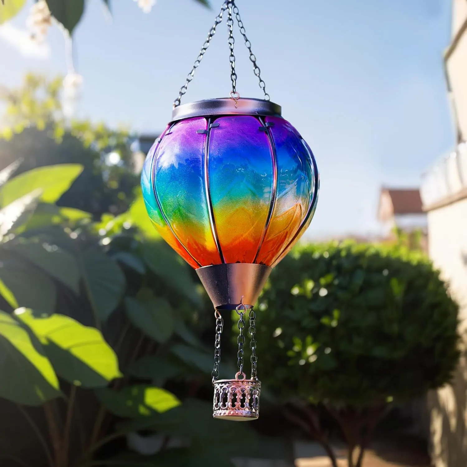 Solar Hot Air Balloon Lantern with Flame, Hanging Glass Hot Air Balloon Solar Lantern Waterproof, Decorative Outdoor Hot Air Balloon Solar Light for Outside Garden Patio (Purple Gradient)