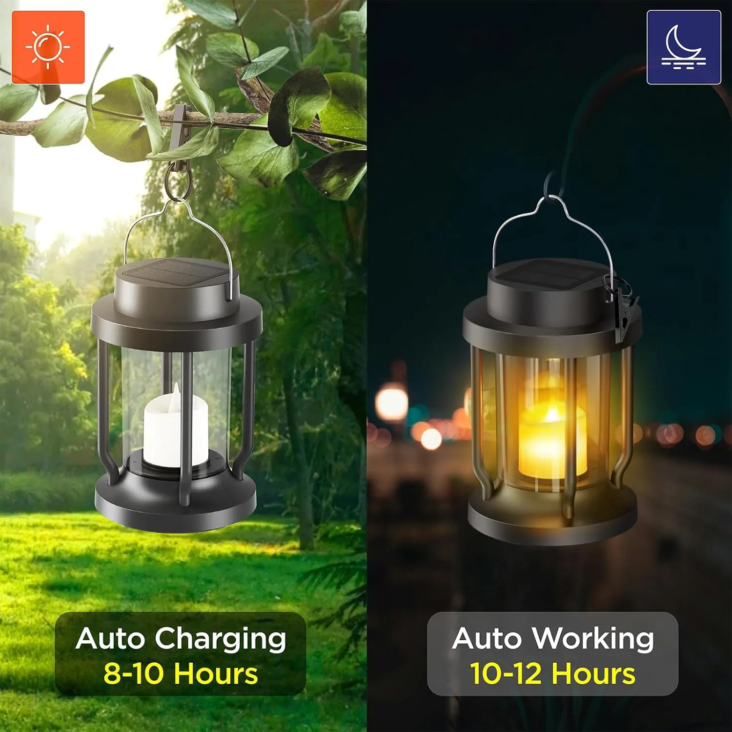 Solar Lantern Outdoor Indoor Use – Hanging Solar Lights with Realistic Flickering Flameless Candle, Weatherproof for Garden Decor, Fathers Day Gifts (Black, 2 Pack)