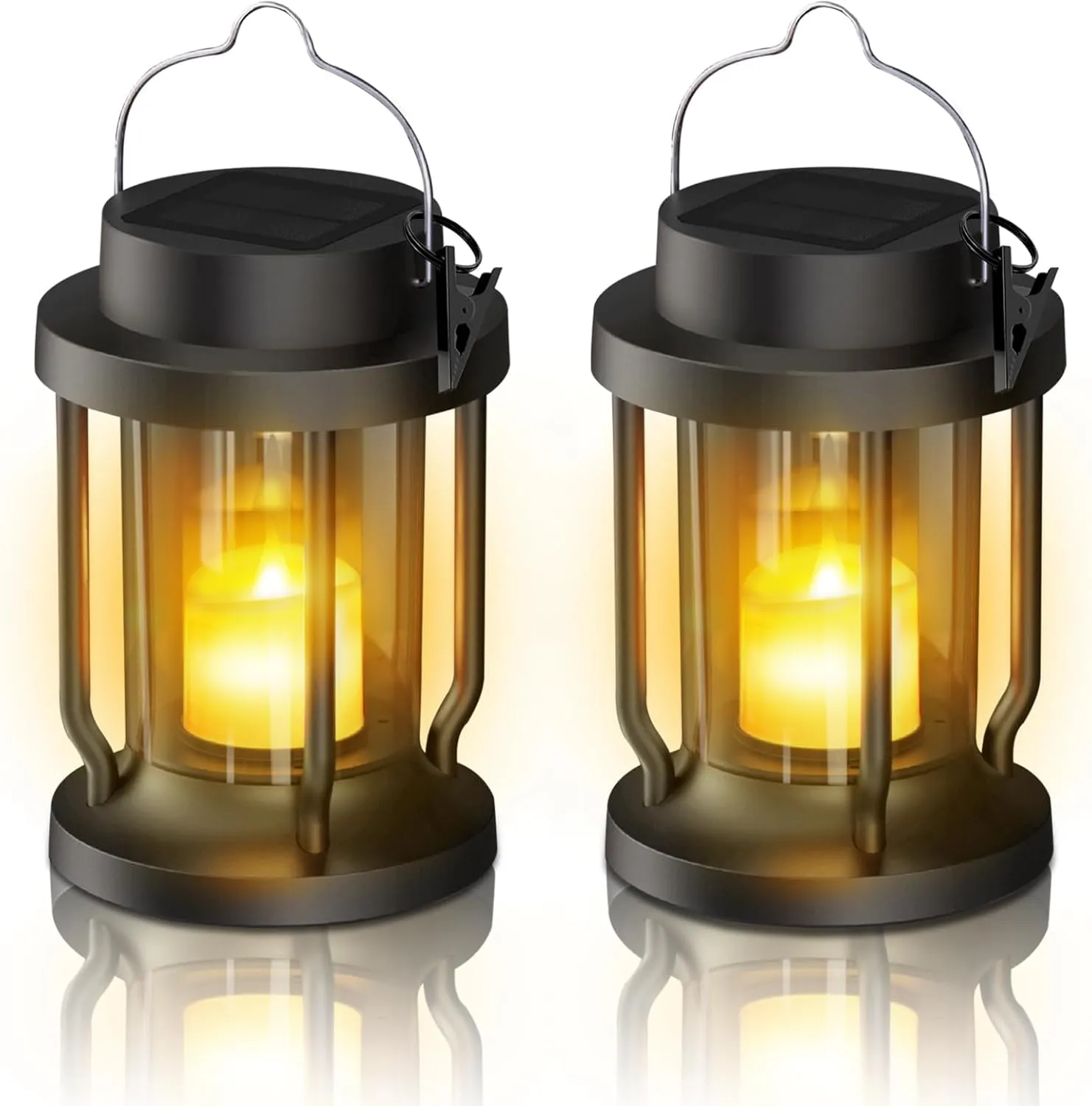 Solar Lantern Outdoor Indoor Use – Hanging Solar Lights with Realistic Flickering Flameless Candle, Weatherproof for Garden Decor, Fathers Day Gifts (Black, 2 Pack)