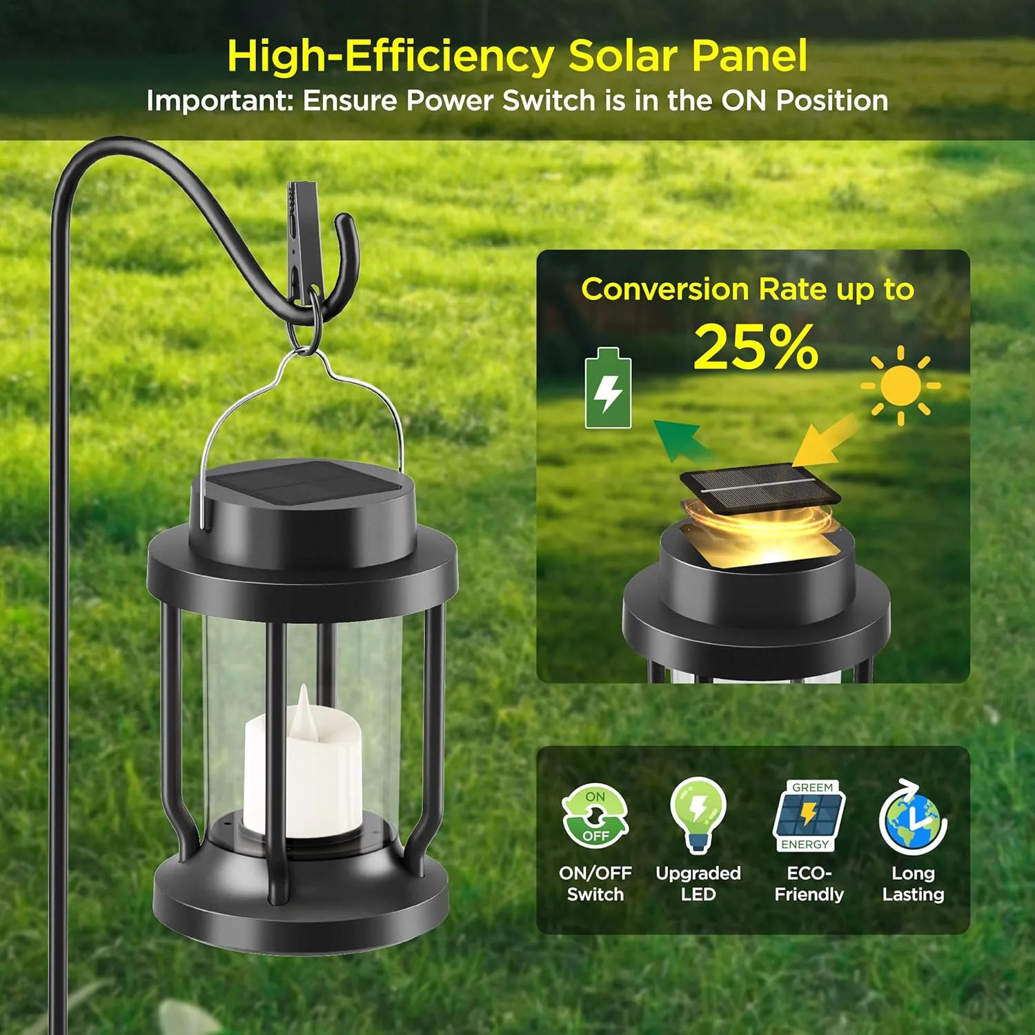 Solar Lantern Outdoor Indoor Use – Hanging Solar Lights with Realistic Flickering Flameless Candle, Weatherproof for Garden Decor, Fathers Day Gifts (Black, 2 Pack)