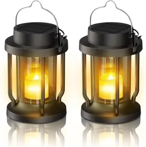 Solar Lantern Outdoor Indoor Use – Hanging Solar Lights with Realistic Flickering Flameless Candle, Weatherproof for Garden Decor, Fathers Day Gifts (Black, 2 Pack)