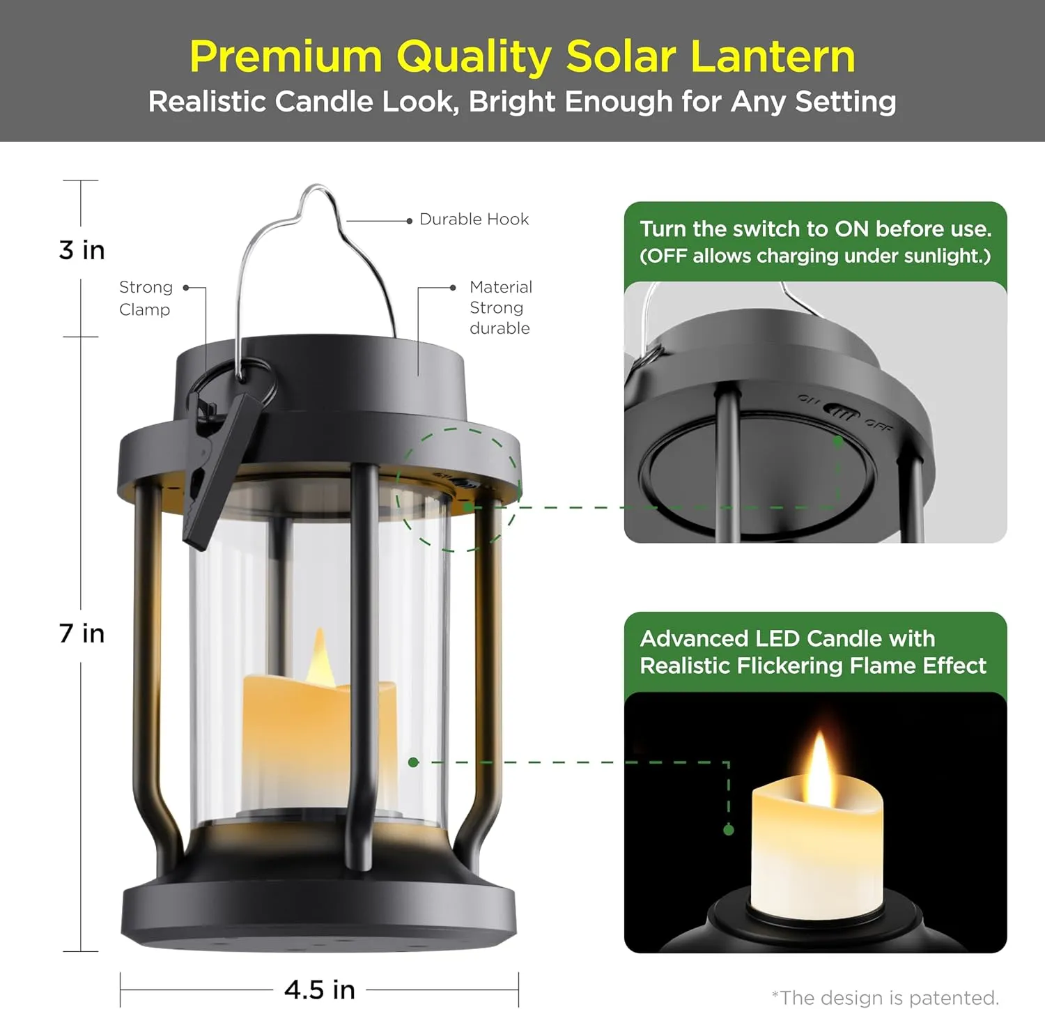 Solar Lantern Outdoor Indoor Use – Hanging Solar Lights with Realistic Flickering Flameless Candle, Weatherproof for Garden Decor, Fathers Day Gifts (Black, 2 Pack)