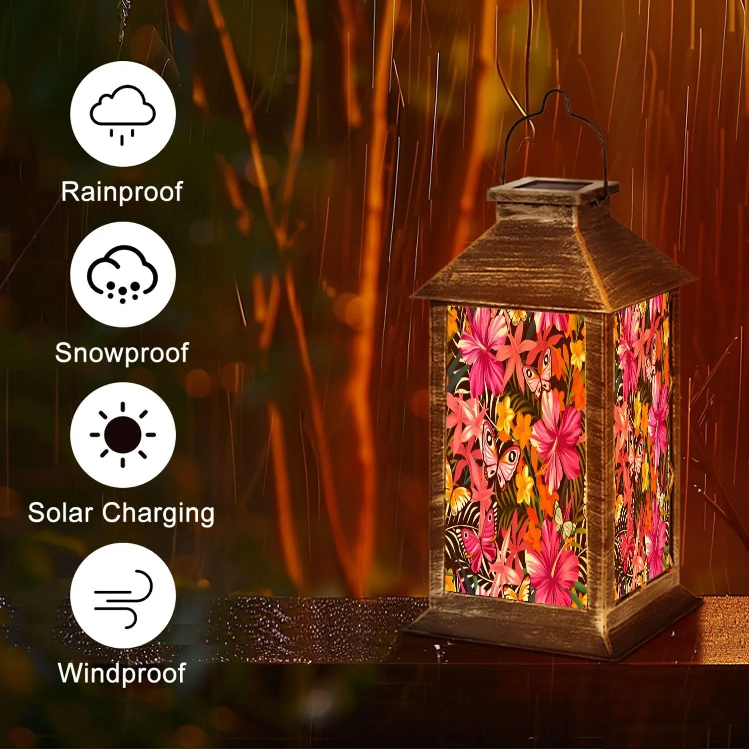 Solar Lantern Seamless Exotic Tropical Leaves Outdoor Garden Hanging Lantern Waterproof Solar Powered Lighting Outside Table Lamp for Deck Yard Camping Patio Decor