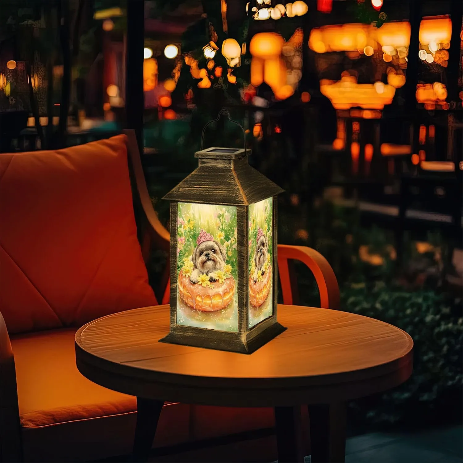 Solar Lantern Watercolor Shih Tzu Lemon Glazed Donut Outdoor Waterproof Garden Hanging Lantern Solar Powered Lighting Outside Table Lamp for Patio Deck Camping 1 Pack