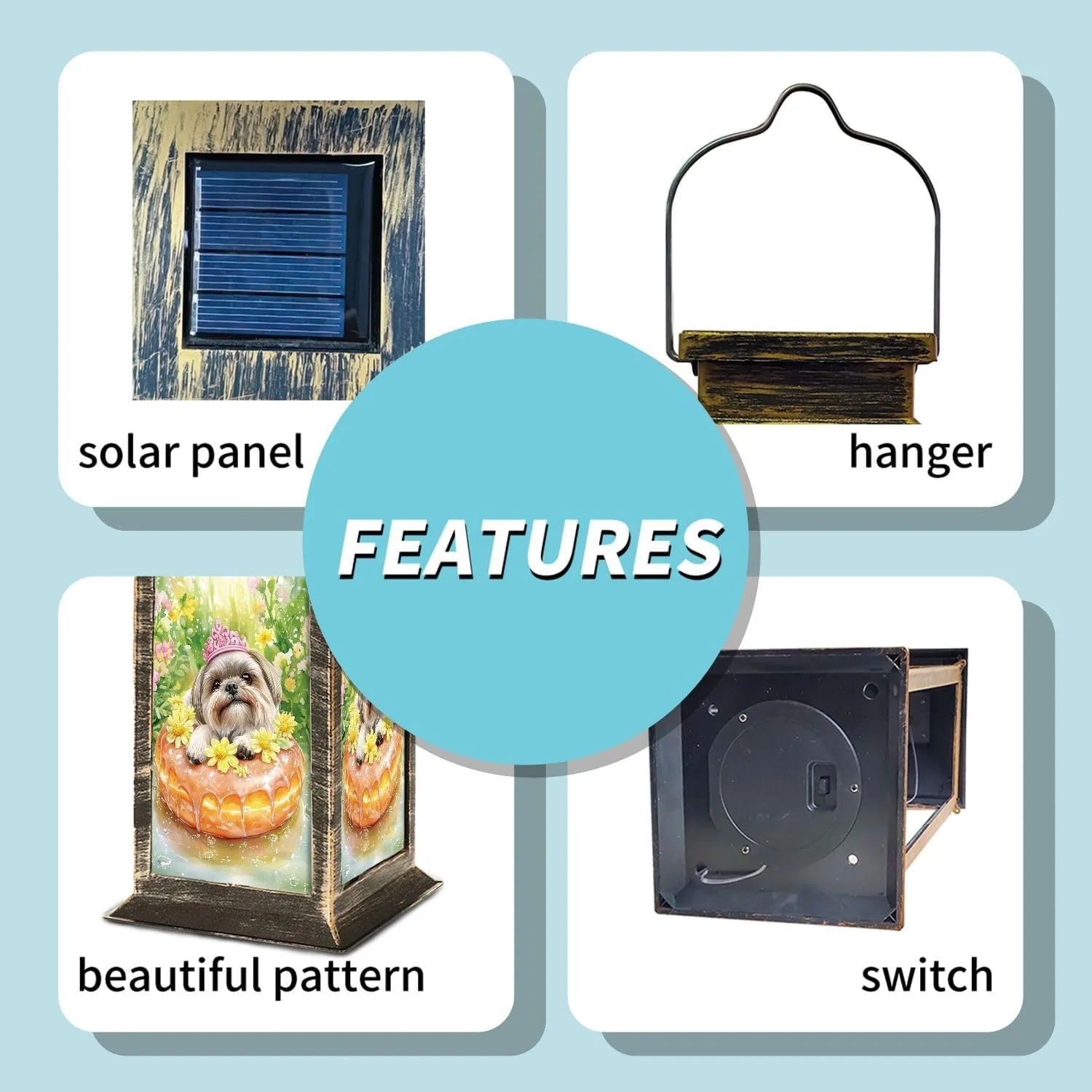 Solar Lantern Watercolor Shih Tzu Lemon Glazed Donut Outdoor Waterproof Garden Hanging Lantern Solar Powered Lighting Outside Table Lamp for Patio Deck Camping 1 Pack