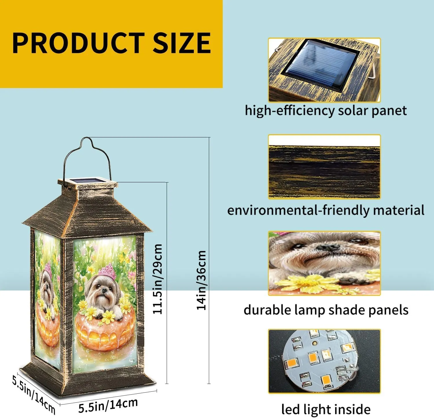 Solar Lantern Watercolor Shih Tzu Lemon Glazed Donut Outdoor Waterproof Garden Hanging Lantern Solar Powered Lighting Outside Table Lamp for Patio Deck Camping 1 Pack