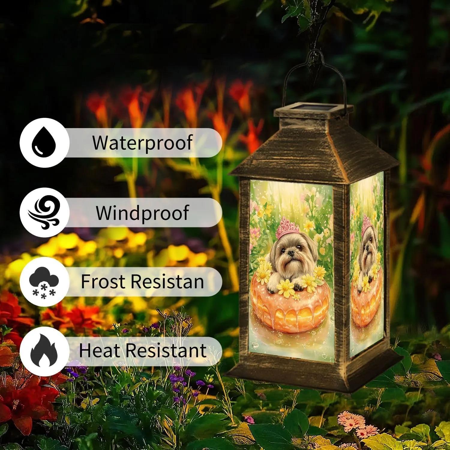 Solar Lantern Watercolor Shih Tzu Lemon Glazed Donut Outdoor Waterproof Garden Hanging Lantern Solar Powered Lighting Outside Table Lamp for Patio Deck Camping 1 Pack