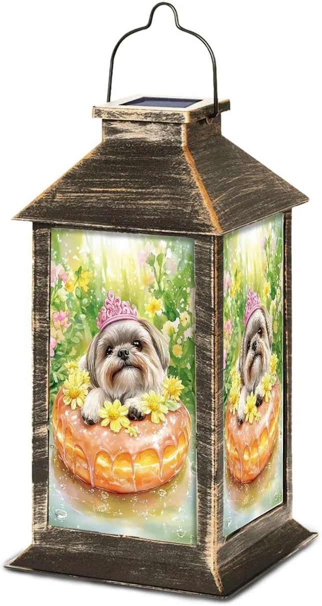Solar Lantern Watercolor Shih Tzu Lemon Glazed Donut Outdoor Waterproof Garden Hanging Lantern Solar Powered Lighting Outside Table Lamp for Patio Deck Camping 1 Pack