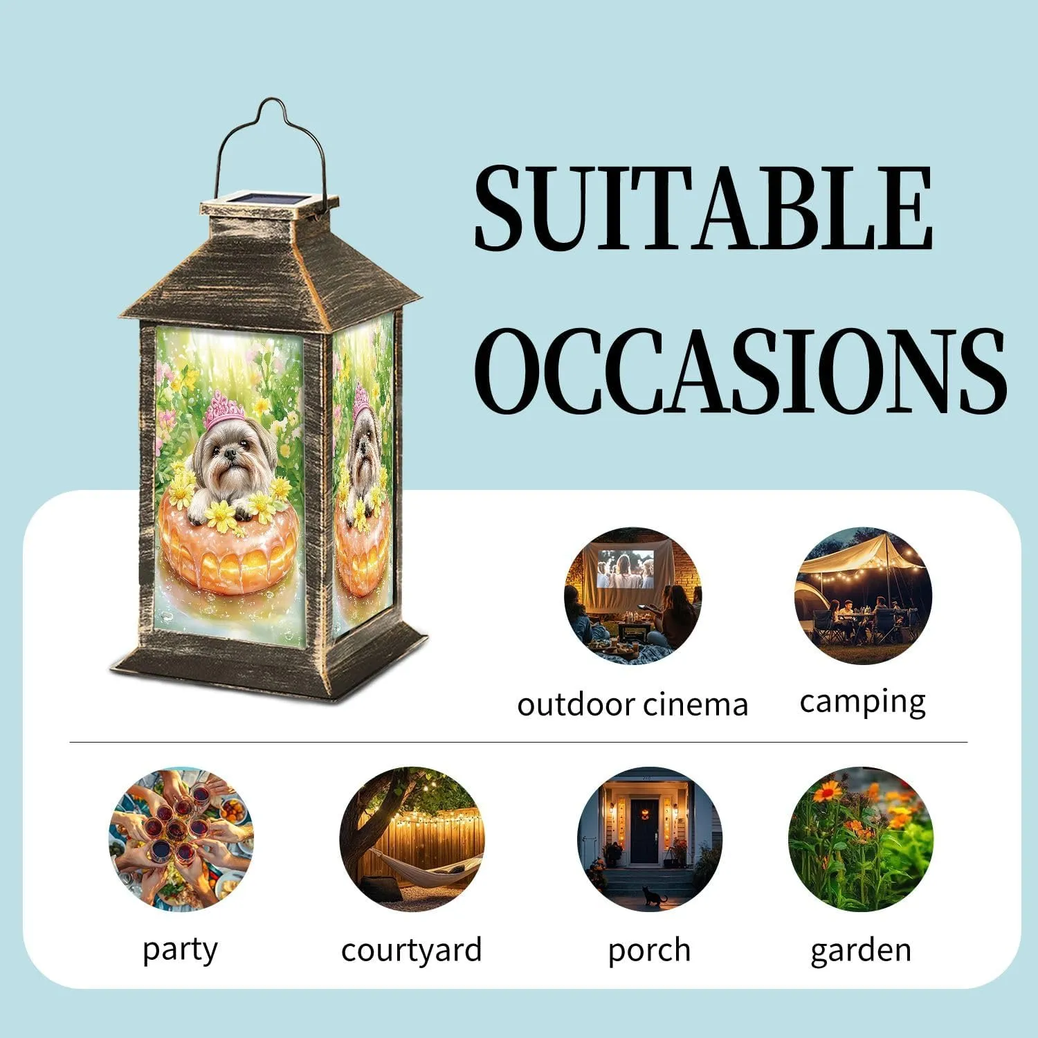 Solar Lantern Watercolor Shih Tzu Lemon Glazed Donut Outdoor Waterproof Garden Hanging Lantern Solar Powered Lighting Outside Table Lamp for Patio Deck Camping 1 Pack