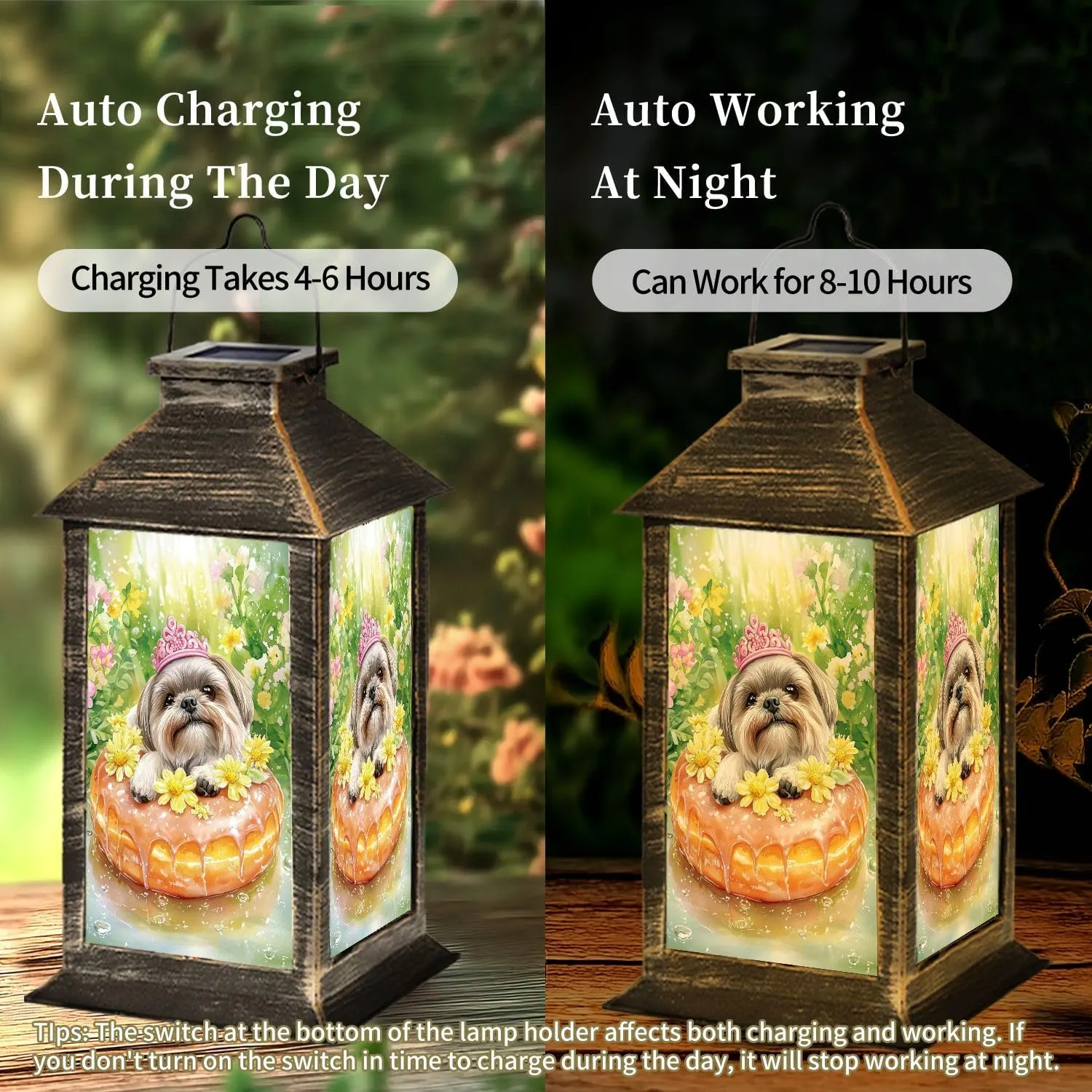Solar Lantern Watercolor Shih Tzu Lemon Glazed Donut Outdoor Waterproof Garden Hanging Lantern Solar Powered Lighting Outside Table Lamp for Patio Deck Camping 1 Pack