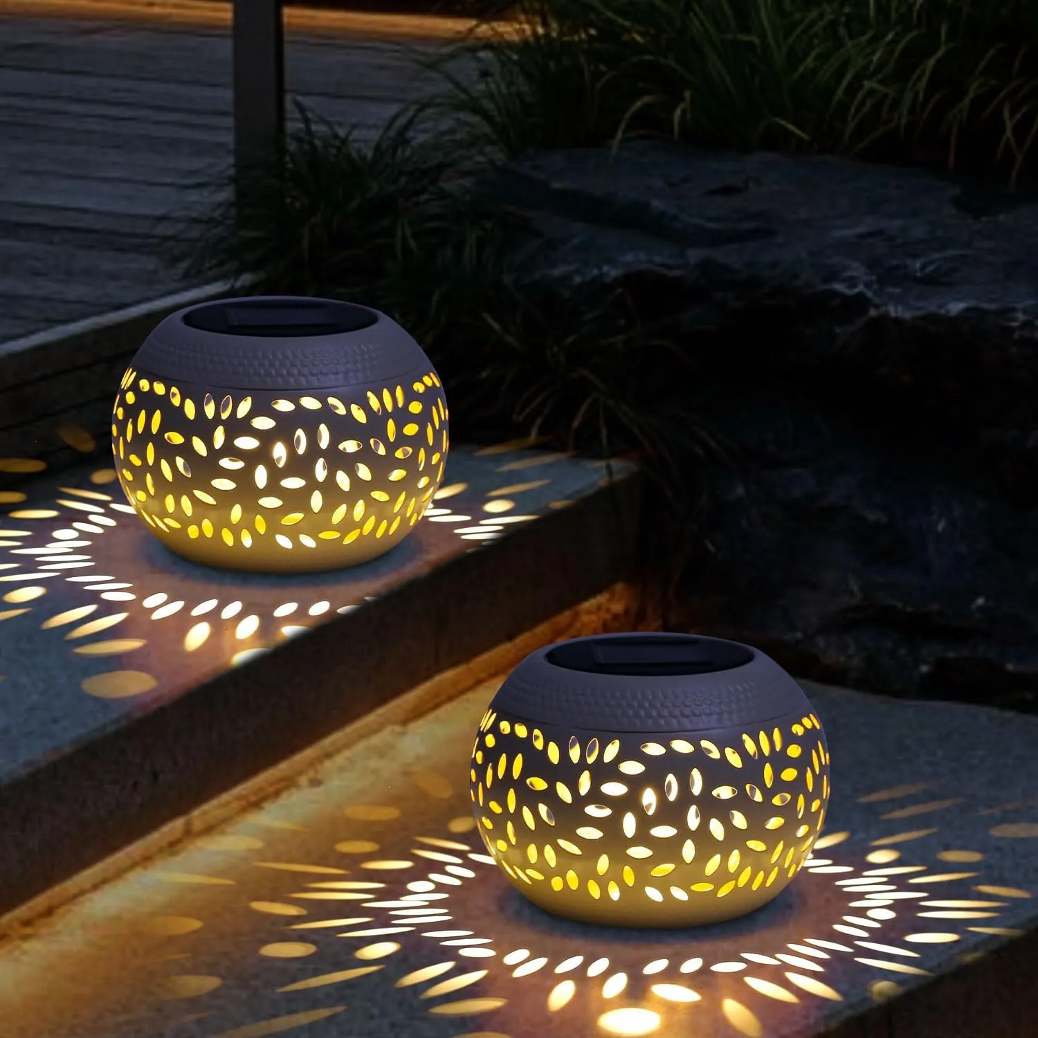 Solar Lanterns Waterproof Outdoor Decor,2 Pack White Hollow Out Metal Solar Lights - Unique Gifts for Women Mom Wife - Outside Garden Yard Porch Indoor Tabletop Retro Decorations
