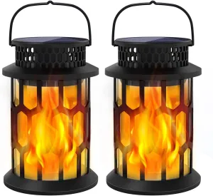 Solar Lights for Outside, Upgraded Solar Lanterns Flickering Flame Outdoor Waterproof Hanging Lanterns Decorative Solar Powered Outdoor Lighting LED Flame Garden Lights for Patio Deck Yard, 2 Packs