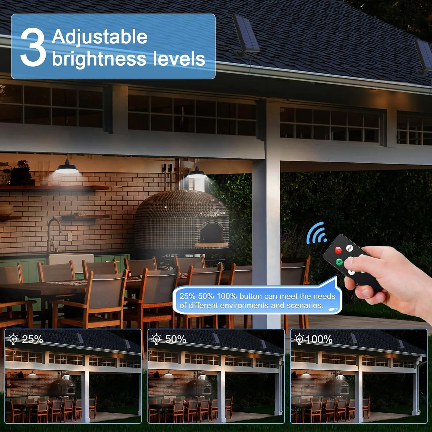 Solar Pendant Lights Outdoor, Solar Shed Light with 360° Adjustable Panel, Dimmable Lighting with Remote Control, 16.4ft Cable IP65 Waterproof for Patio, Garage, Camp, Chicken Coop, Barn