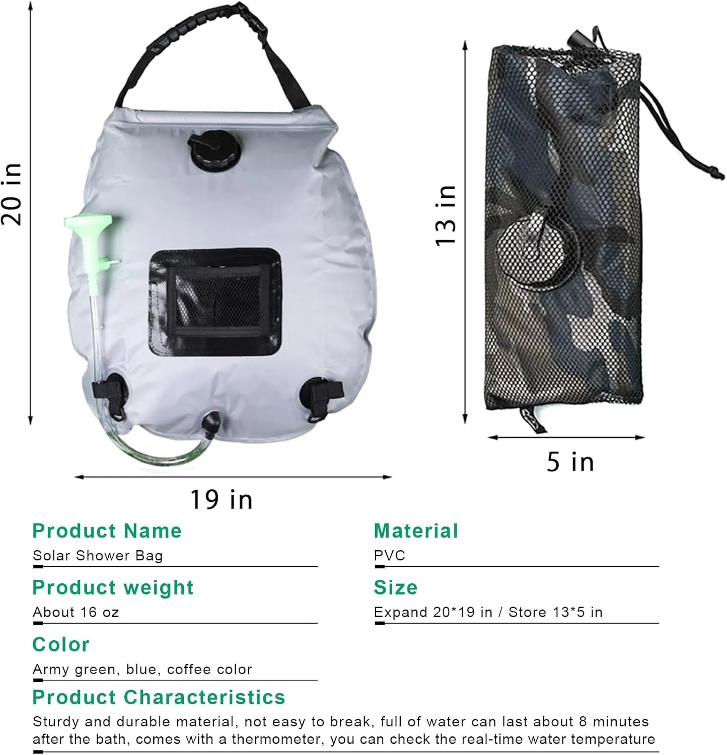 Solar Portable Shower Bag, 5 Gal/20L Solar Heating Camping Shower Bag with Removable Hose&On-Off Switchable Shower Head for Camping Hiking, Traveling