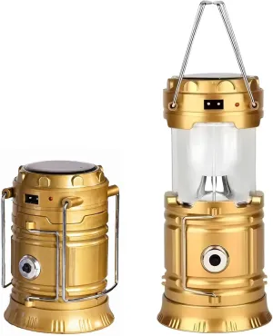 Solar-Powered Emergency Flashlight Lantern, Golden Metal USB Rechargeable Light for Camping, Home & Outdoor Adventures
