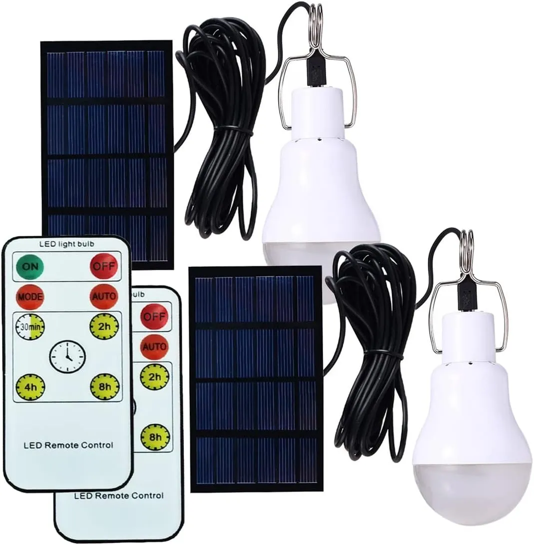 Solar Powered Lamp Remote Control Portable Led Bulb Lights Solar Energy Panel Led Lighting for Camp Tent Night Fishing Emergency Lights Flash 350LM(Pack of 2 Remote Control)