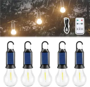 Solar Rechargeable Hooked Camping Light, 3 Light Modes Adjustable LED Solar Camping Lights, Portable Outdoor Waterproof Emergency Camp Bulbs for Hiking, Party, Fishing (Spherical remote control, 5pcs)