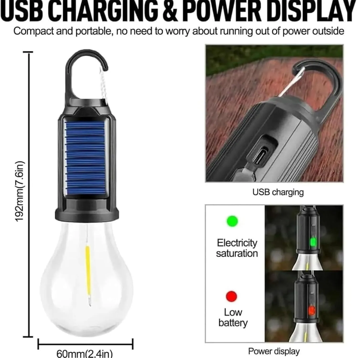 Solar Rechargeable Hooked Camping Light, 3 Light Modes Adjustable LED Solar Camping Lights, Portable Outdoor Waterproof Emergency Camp Bulbs for Hiking, Party, Fishing(3 Pcs B)